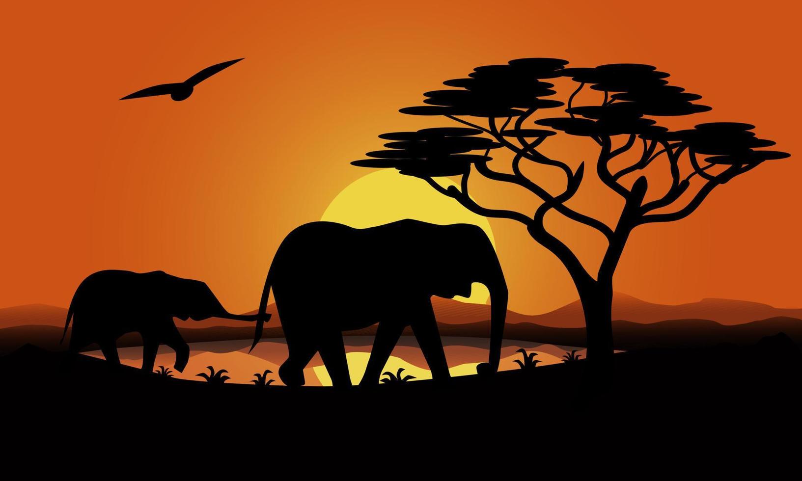 a family of elephants at sunset in Africa. Mom elephant and baby elephant. Silhouettes. cartoon vector illustration.