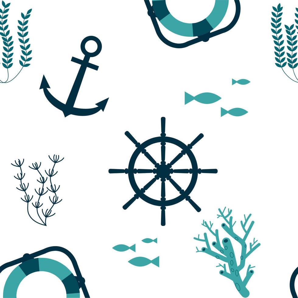 marine pattern, steering wheel, lifebuoy, anchor, fish, corals. cartoon vector illustration.