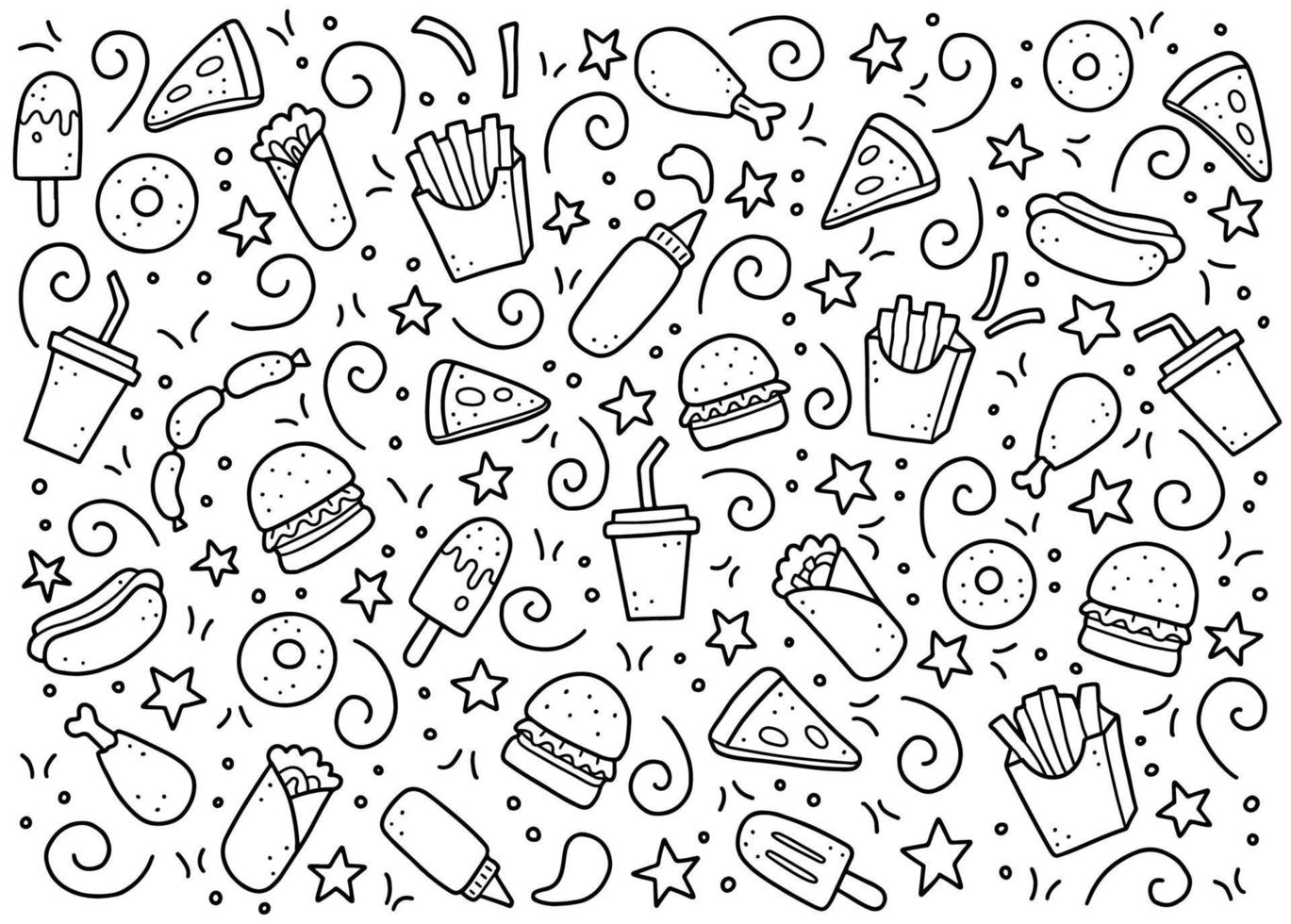 Set of hand drawn fast food doodle. Vector illustration.