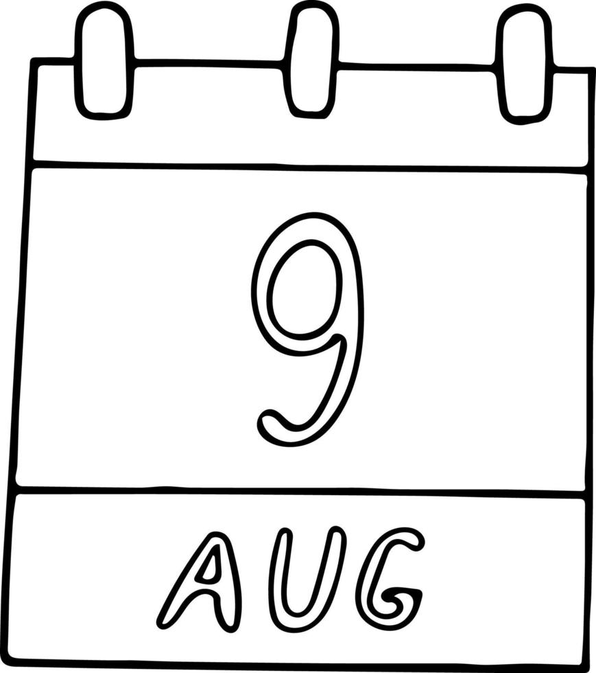 calendario dibujado a mano en estilo garabato. 9 de agosto. día de los amantes de los libros, internacional de los pueblos indígenas del mundo, oso ahumado, fecha. icono, elemento adhesivo para el diseño. planificación, vacaciones de negocios vector