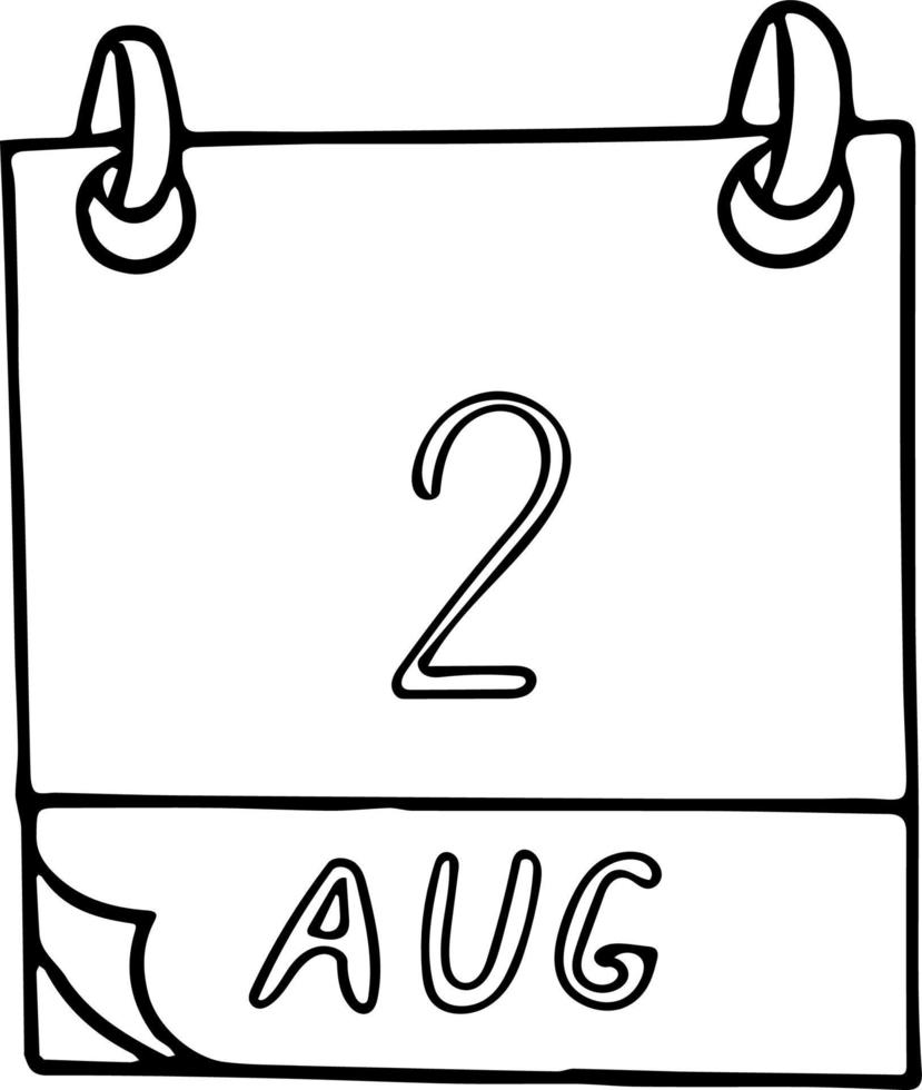 calendario dibujado a mano en estilo garabato. 2 de agosto. día, fecha. icono, elemento adhesivo para el diseño. planificación, vacaciones de negocios vector
