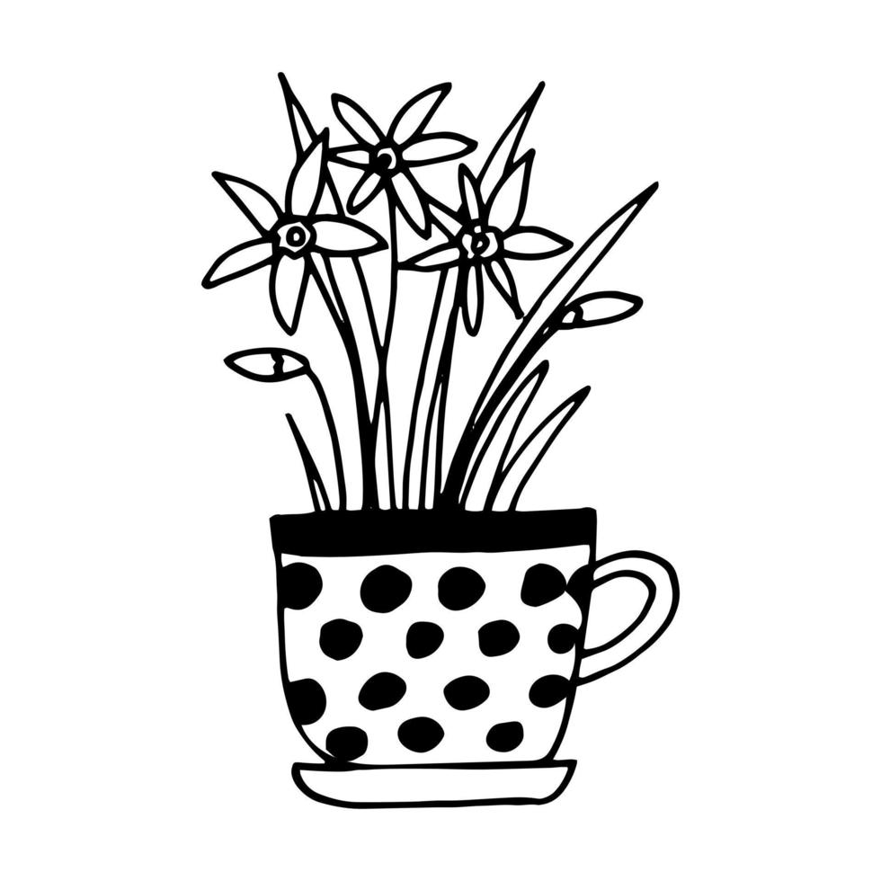 narciso en un icono de olla dibujado a mano. , minimalismo, escandinavo, monocromo, flor de planta de pegatina nórdica vector