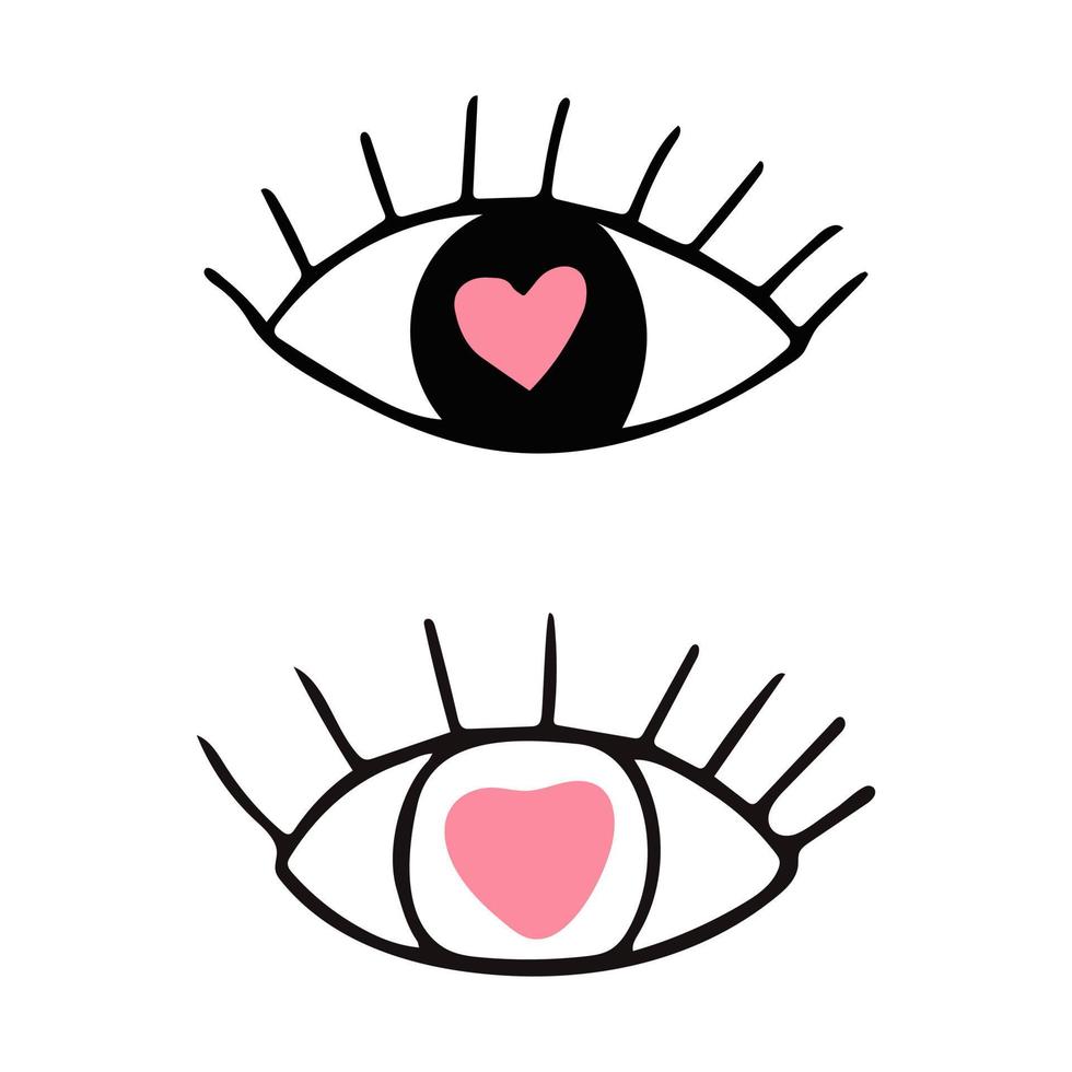 eye with heart set hand drawn. . icon, sticker decor poster vector