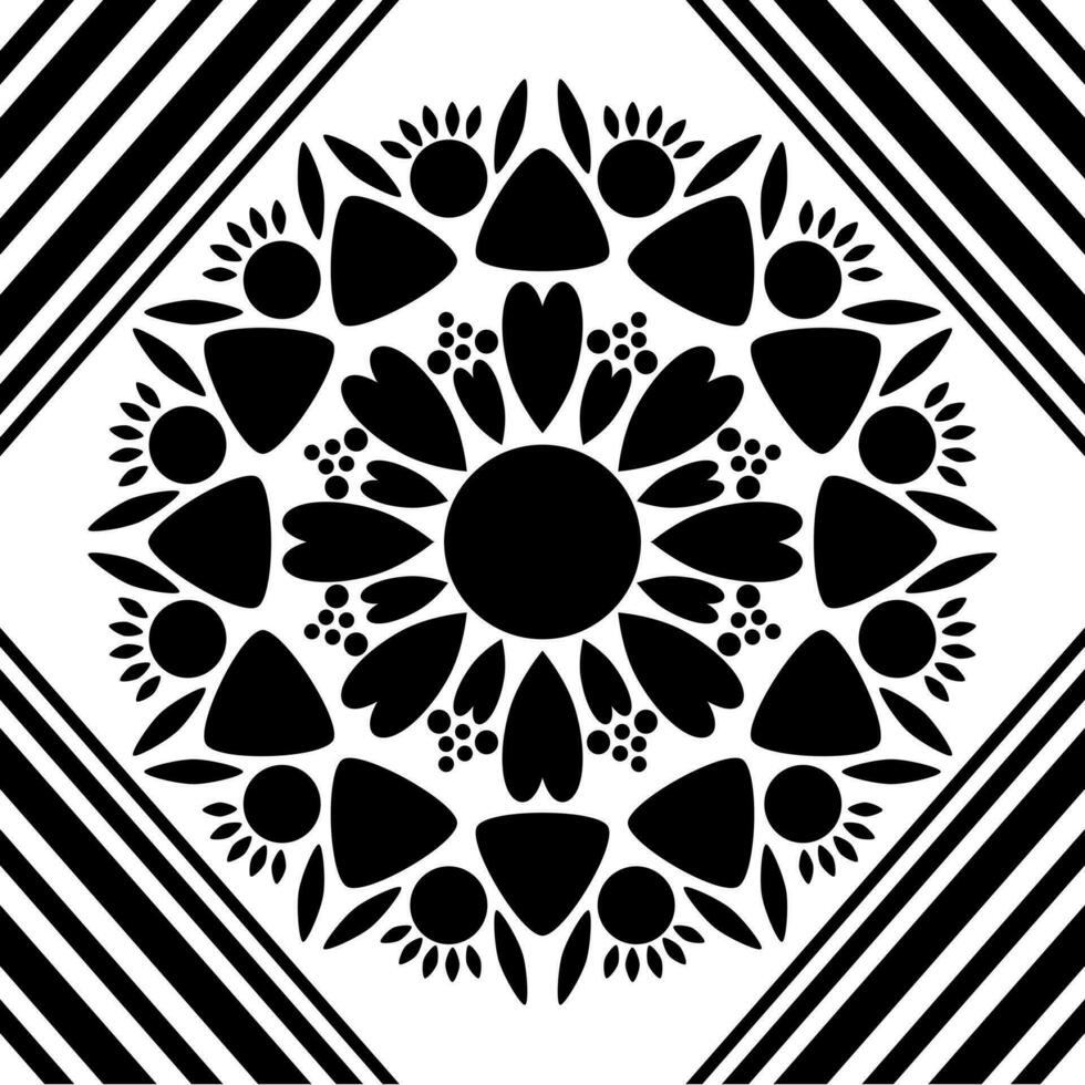 Black and white seamless pattern, border is line and center is multi shape like flower. vector