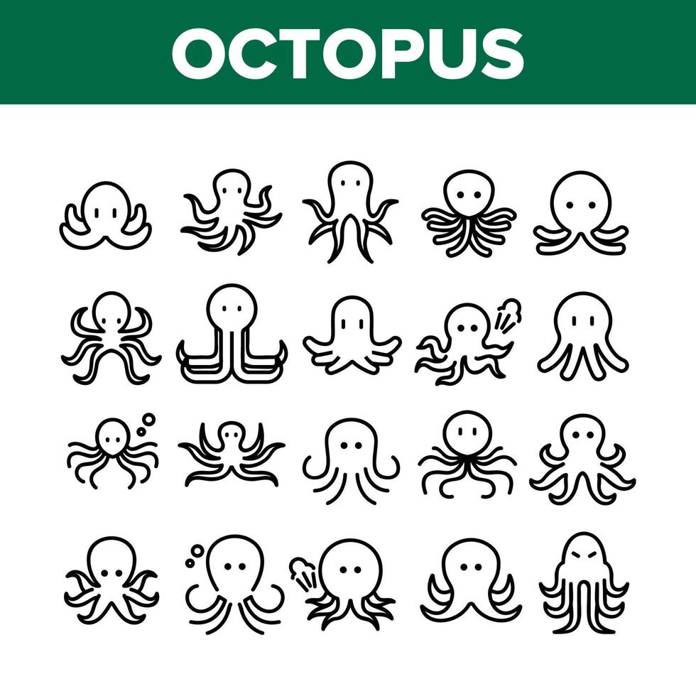Octopus Ocean Mollusk Collection Icons Set Vector
