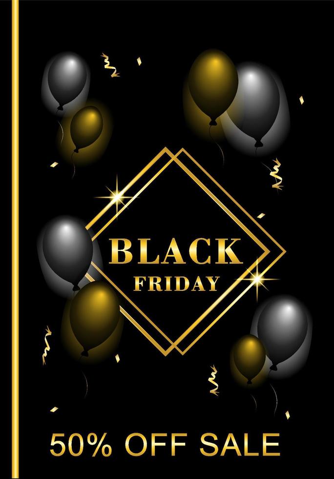 black friday poster on dark background with silver and gold stripe balloon decoration vector