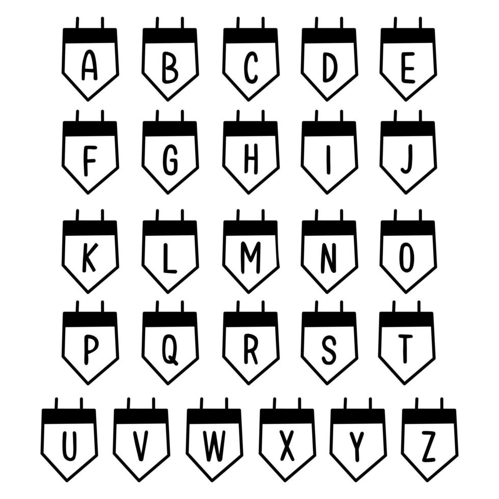 Cute uppercase alphabet in flag frame on white background. Vector Illustration about lettering for decoration.