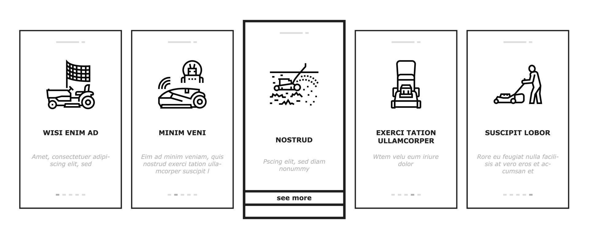 Lawn Mower Equipment Onboarding Icons Set Vector