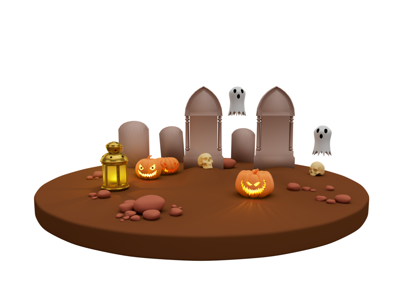 3d illustration of Halloween pumpkin lantern, tombstone and white ghost, Halloween background scene design element png