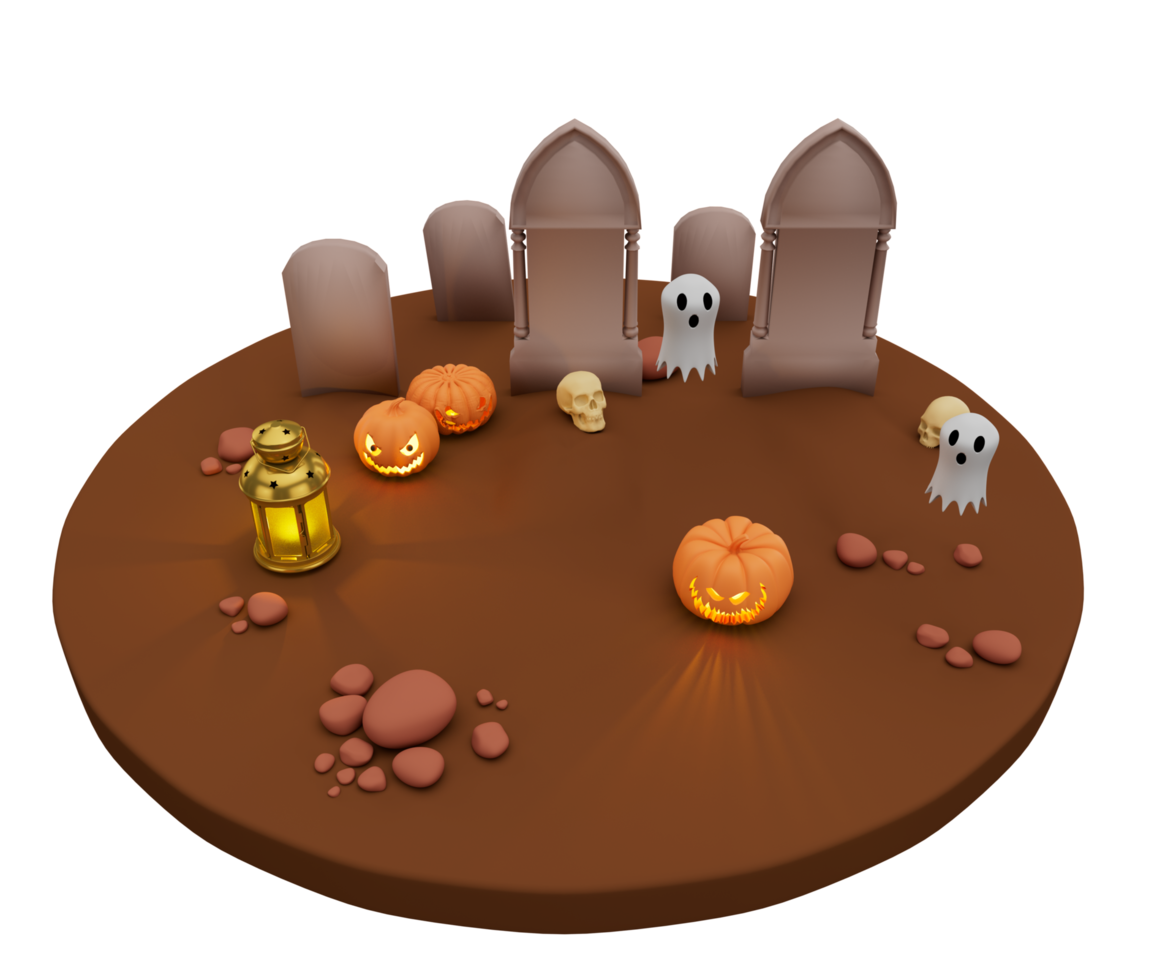 3D-illustration av halloween pumpa lykta, gravsten och vitt spöke, halloween bakgrund scen designelement png