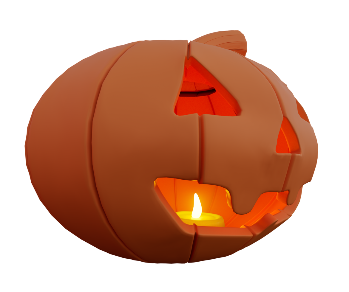 3d illustration of Halloween pumpkin inside candle glowing side view, Halloween background design element png