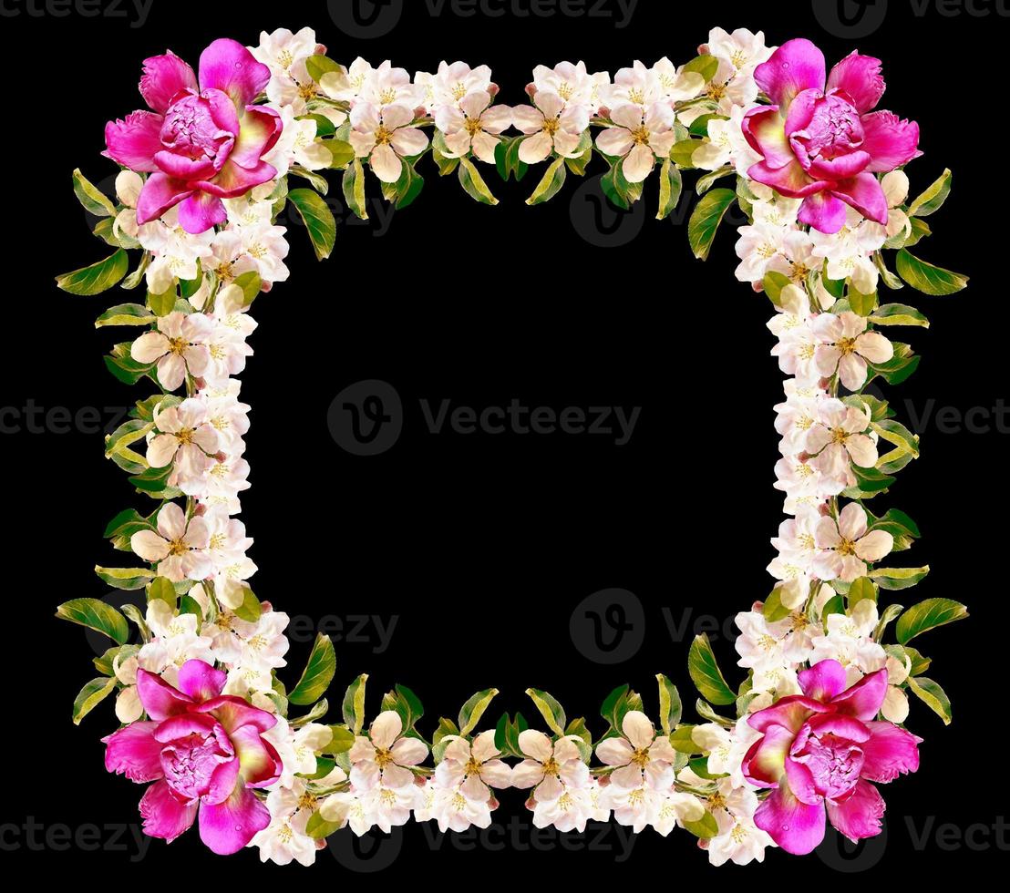 Frame of bright and colorful flowers isolated on a black background. photo