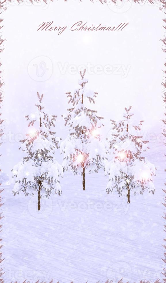 New Year card.  Winter landscape. Snow covered trees photo