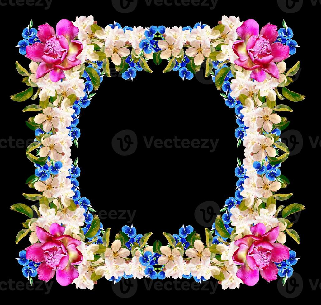 Frame of bright and colorful flowers isolated on a black background. photo