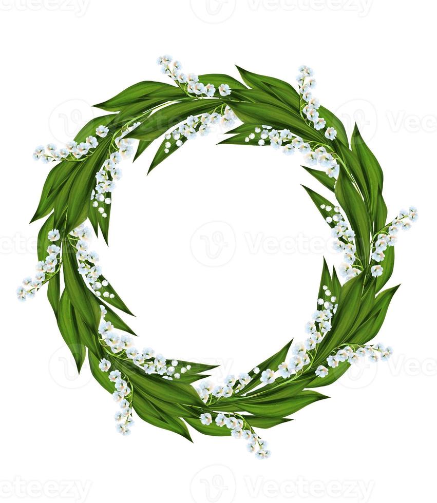 The branch of lilies of the valley flowers isolated on white background. round frame photo