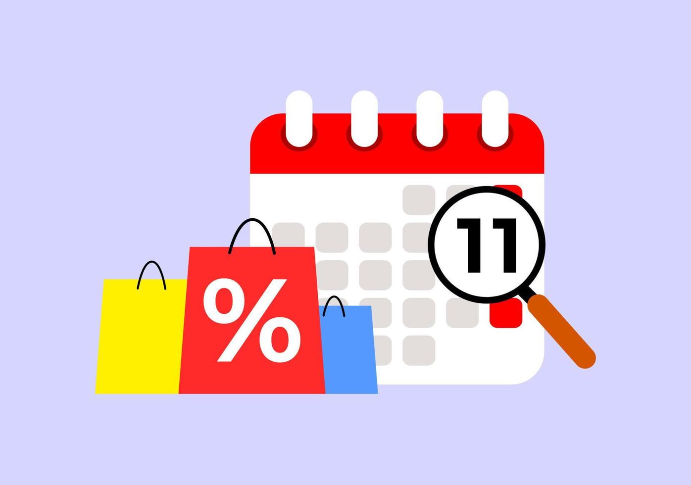 lupa de ilustración que muestra las fechas de promoción de compras del calendario. ilustración de la fecha de promoción de descuento de compras en el evento del mes de compras. vector