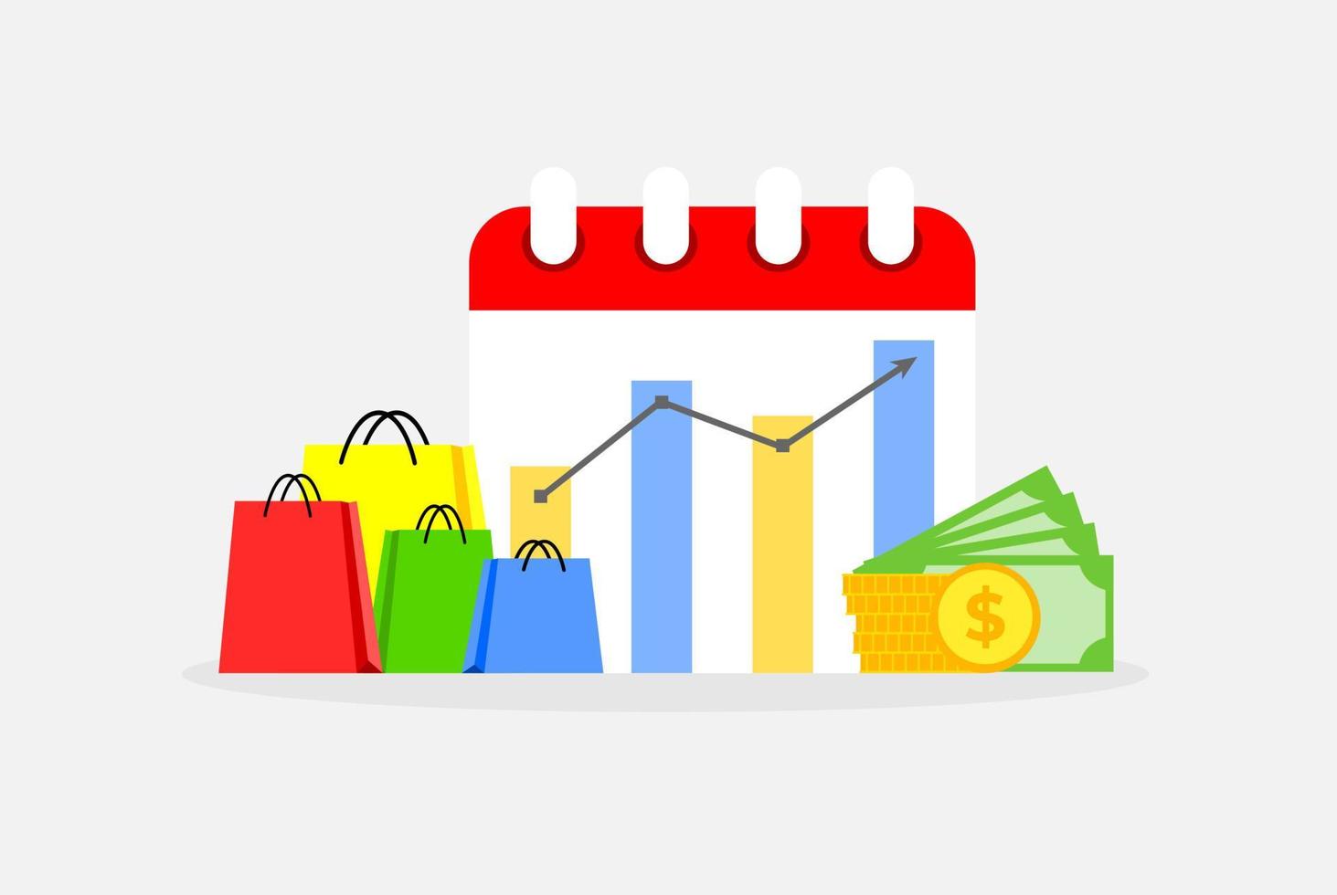 Illustration of income growth because shopping promo event. Increase in monthly income and financial growth. vector