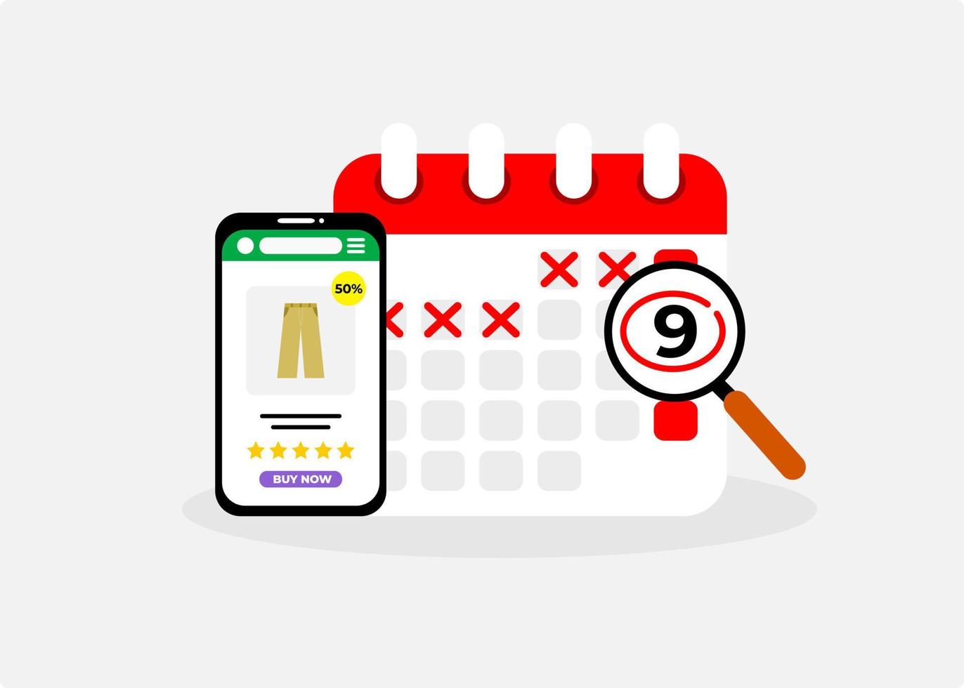 Illustration of online shop, calendar and magnifying glass. Illustration of interesting promo countdown at online shop shopping event. vector