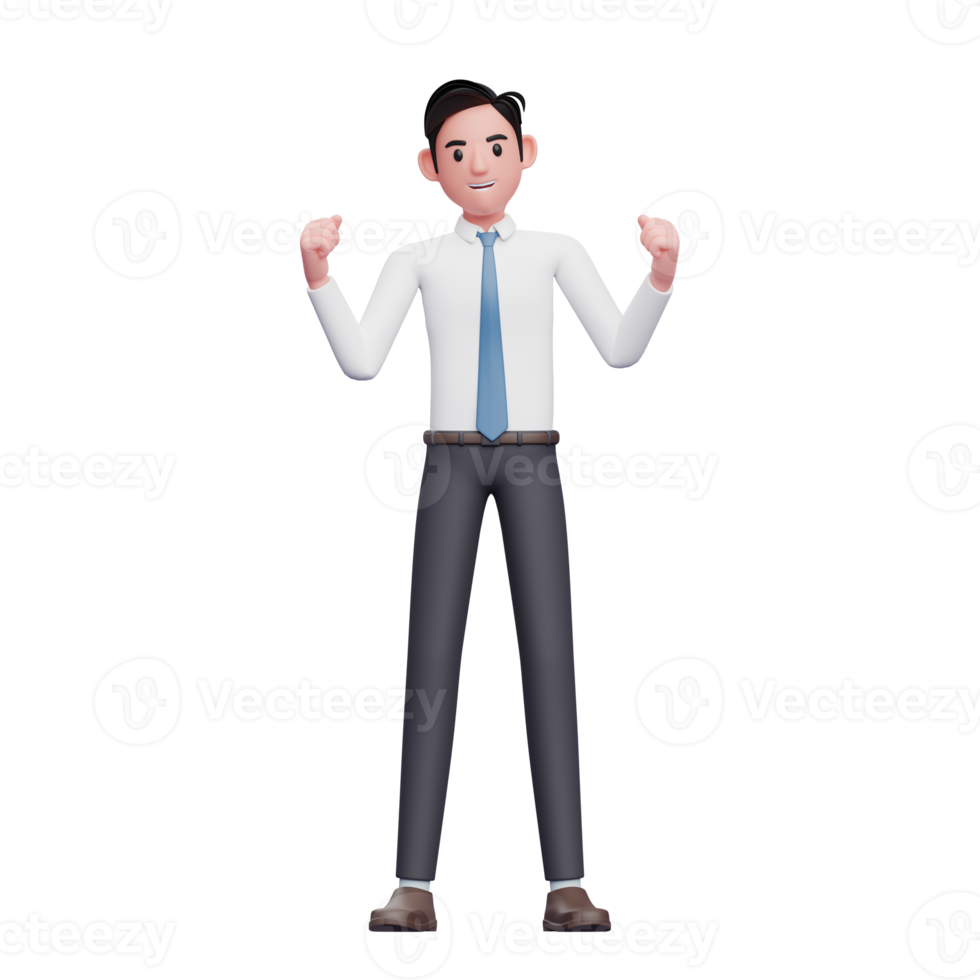 celebración del hombre de negocios con camisa larga y corbata azul, personaje de hombre de negocios 3d png