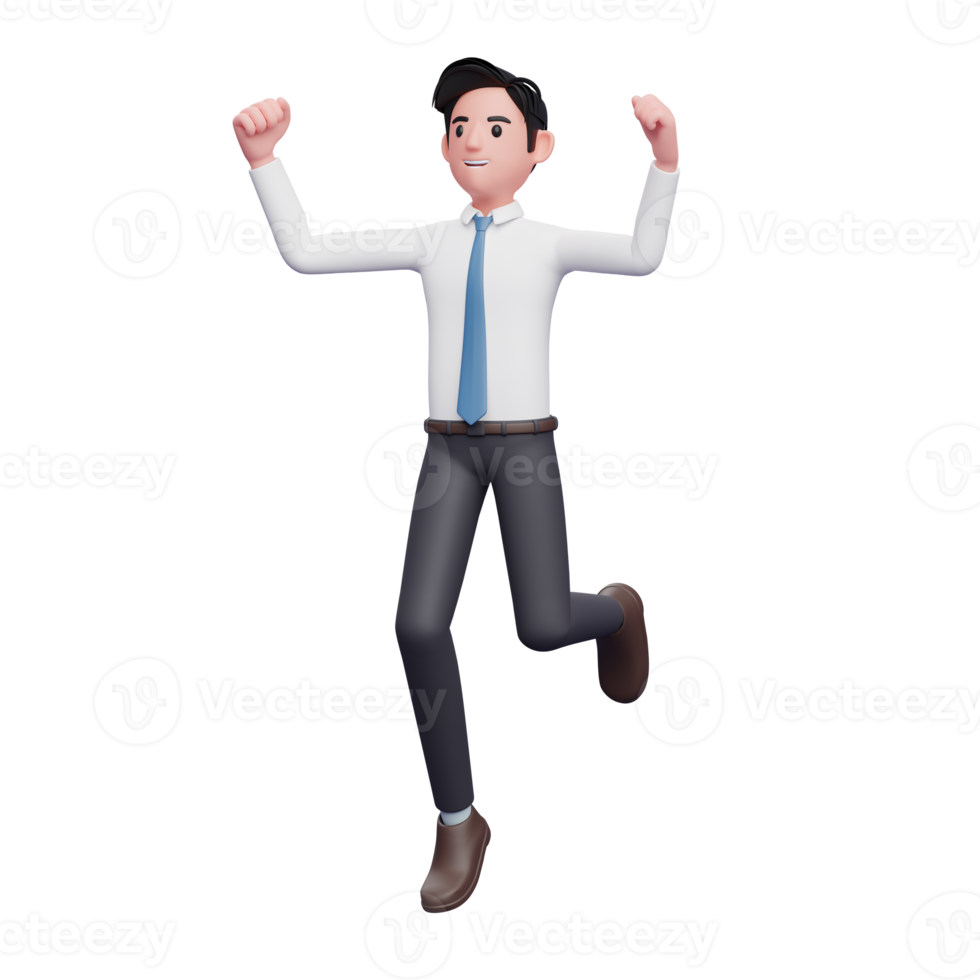 businessman jumping pose wearing long shirt and blue tie png