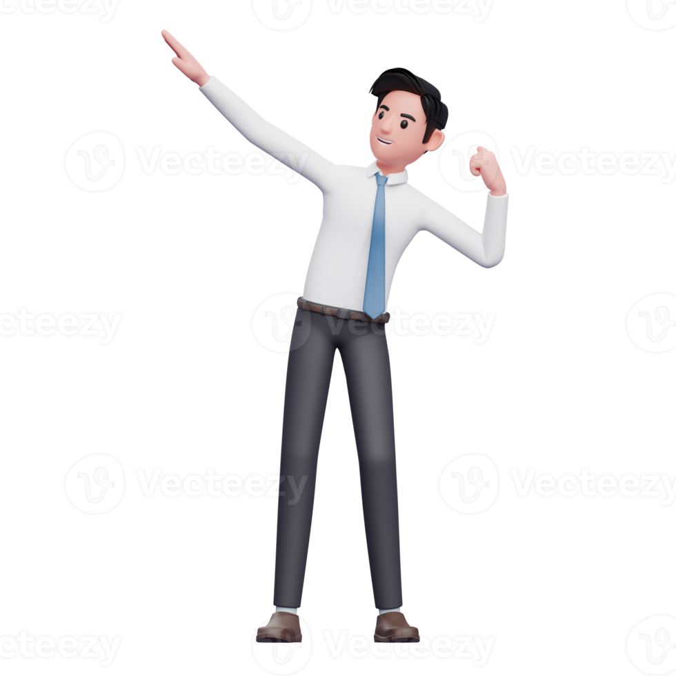 healthy businessman doing bodybuilding pose, 3d businessman wearing long shirt and blue tie png