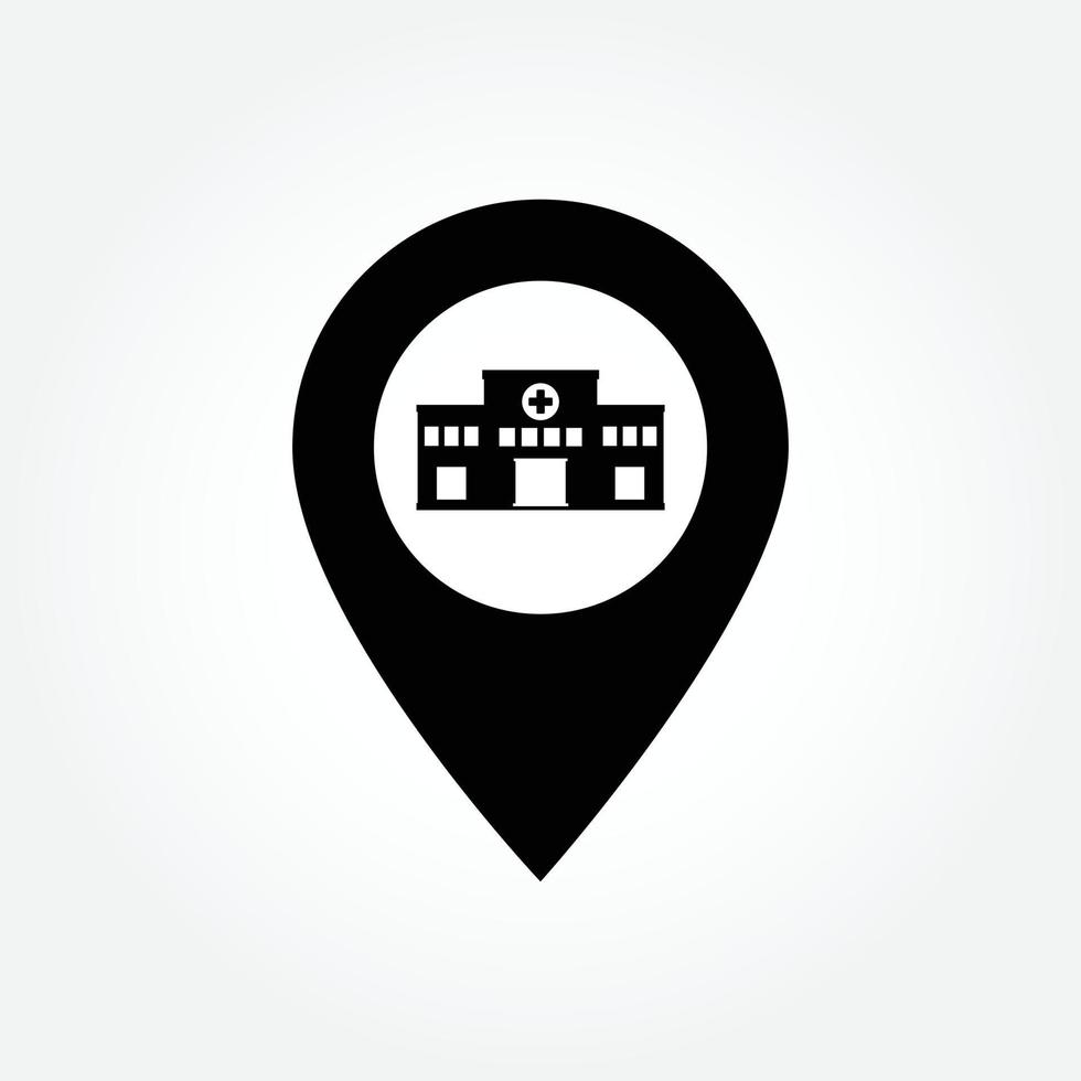 Hospital location pin point gps icon, Black and white vector clipart illustration. Graph symbol for medical web site and apps design, logo, app, UI.