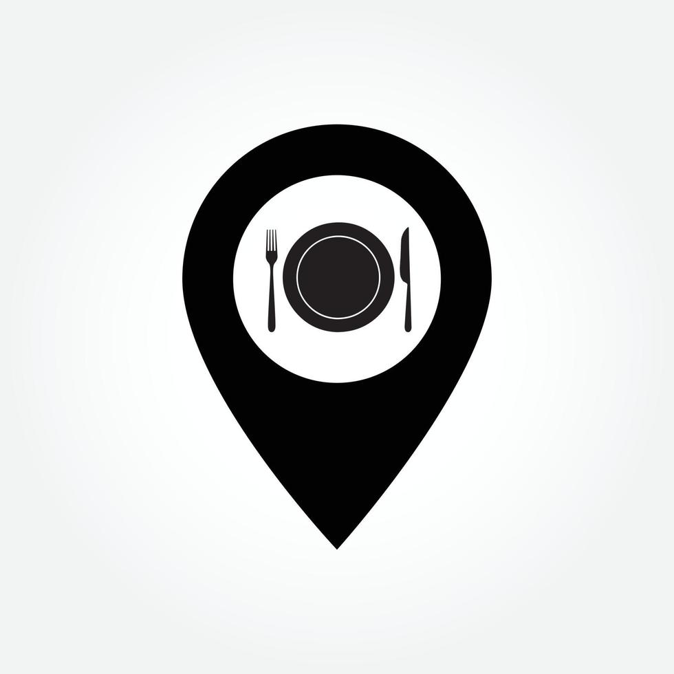 restaurante de comida pin point, rastreador gps, icono de mapa. ubicación del vector de seguimiento de alimentos en blanco y negro.