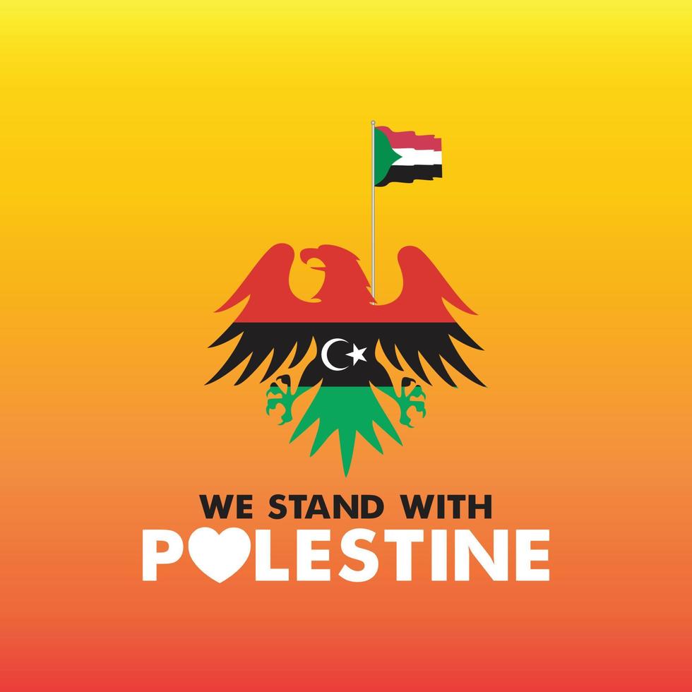 Libia se encuentra con el logotipo de Palestina, letras, tipografía, ilustración vectorial. ondea la bandera de libia en las banderas de águila y palestina. Libia ama Palestina. vector