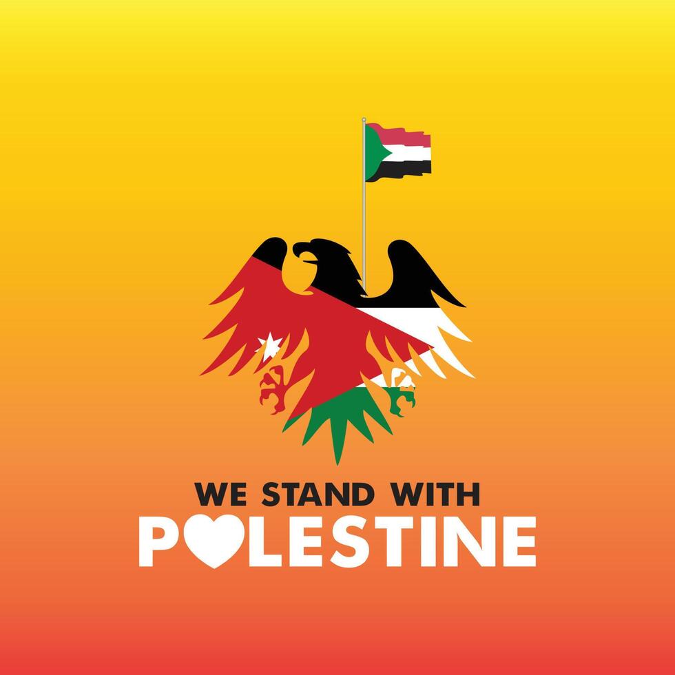 Jordan stands with Palestine logo, lettering, typography, Vector Illustration. Jordan flag on Eagle and Palestine flags is waving. The national fabric of Palestine and Hashemite Kingdom of Jordan.