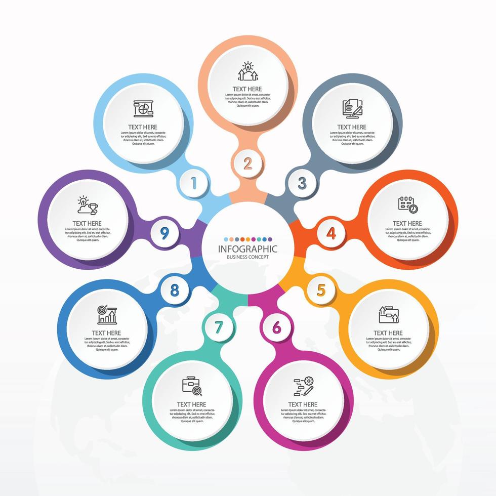 Basic circle infographic template with 9 steps, process or options, process chart, Used for process diagram, presentations, workflow layout, flow chart, infograph. Vector eps10 illustration.