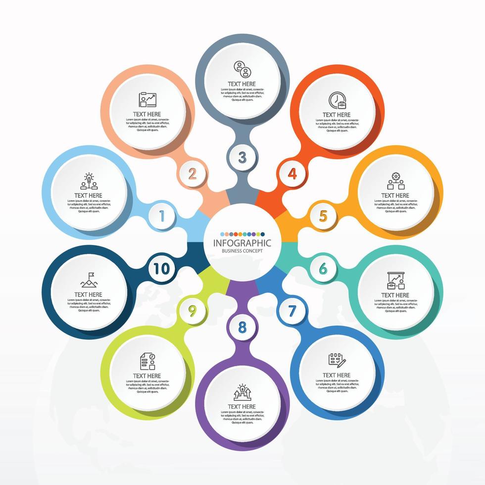 Basic circle infographic template with 10 steps, process or options, process chart, Used for process diagram, presentations, workflow layout, flow chart, infograph. Vector eps10 illustration.