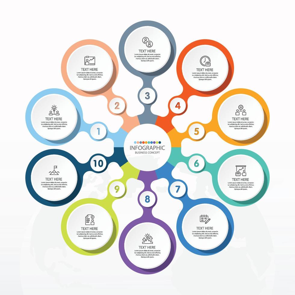 Basic circle infographic template with 10 steps, process or options, process chart, Used for process diagram, presentations, workflow layout, flow chart, infograph. Vector eps10 illustration.