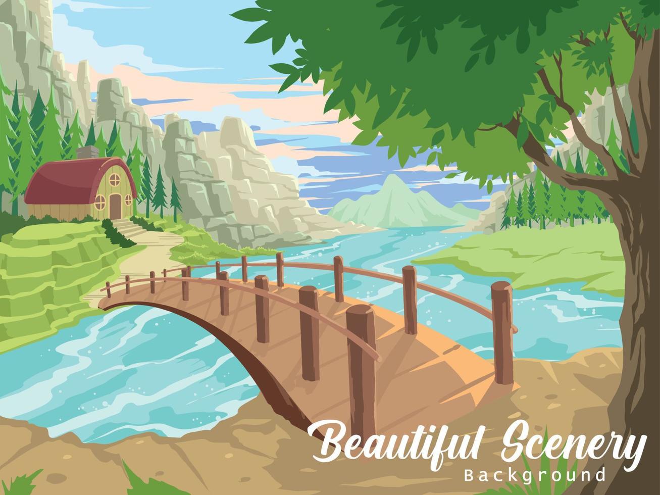 hermoso paisaje montaña lago y río vector