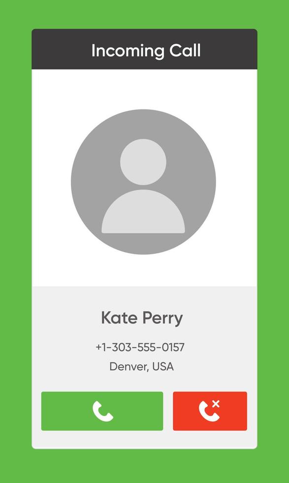 App template for the incoming call screen with icons. Phone call icons. Accept call and decline button. Green and red buttons based on user research behavior. Vector illustration.