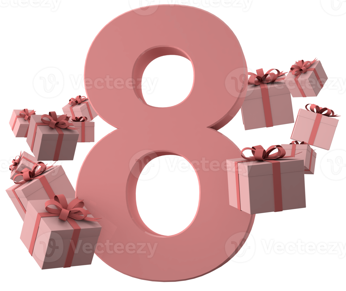 roze nummer 8 een verjaardagsconcept met geschenkdozen, 3d render png