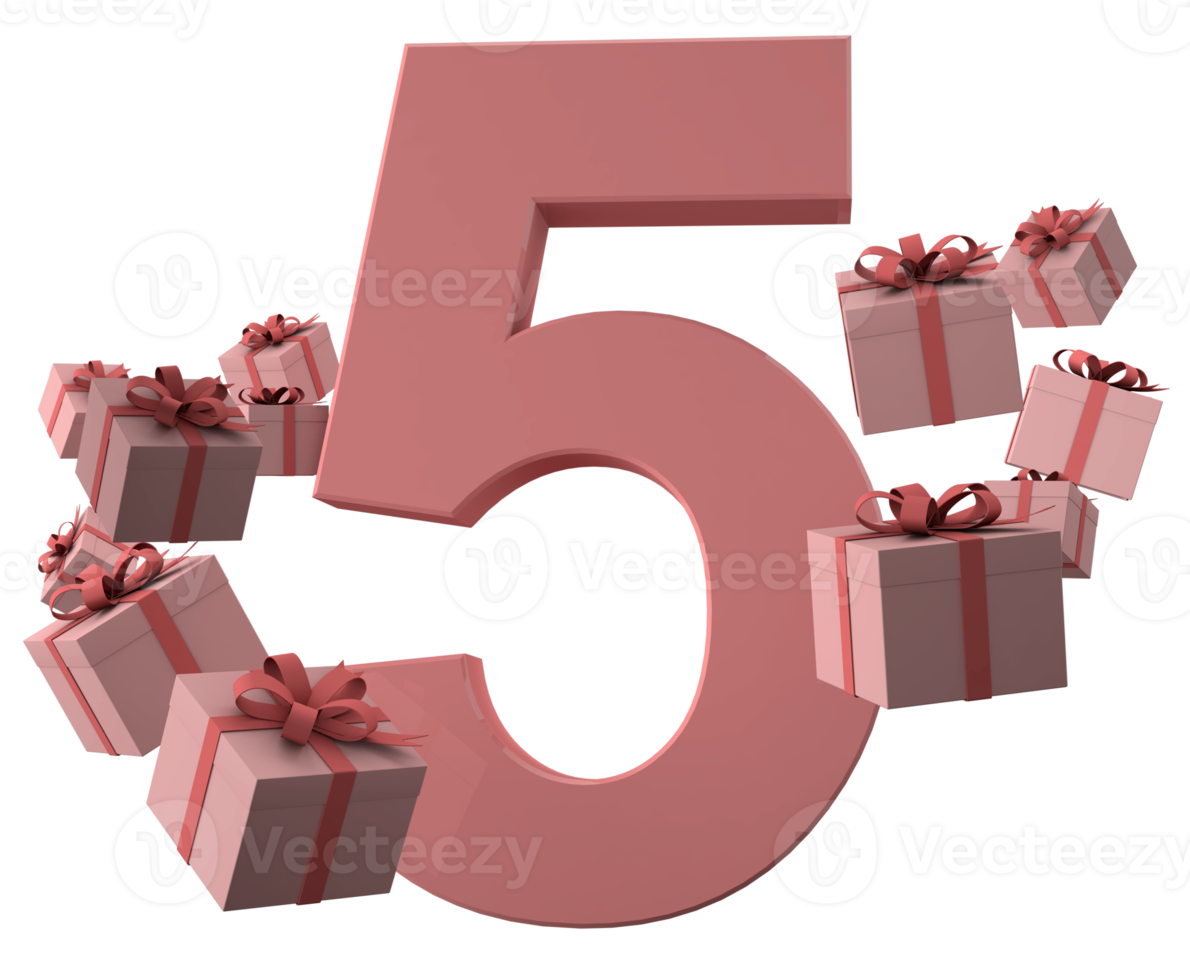 rosa, número 5, un, cumpleaños, concepto, con, regalo, cajas, 3d, render png