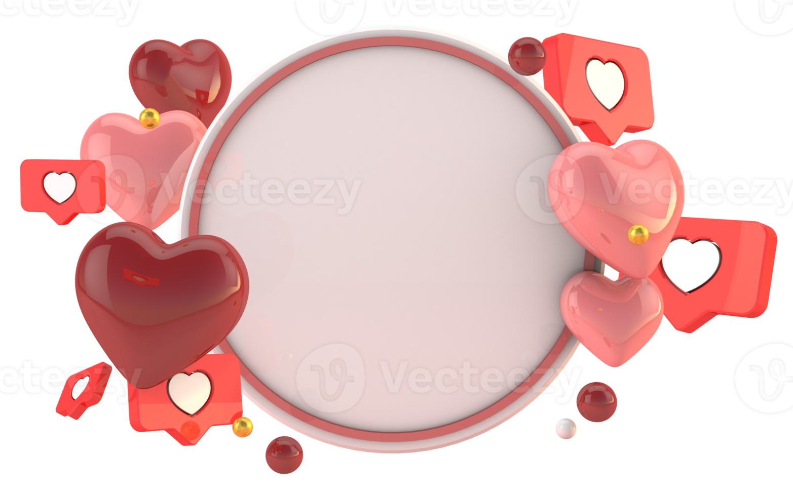 Valentines round wreath with love decoration on pink background 3d render png