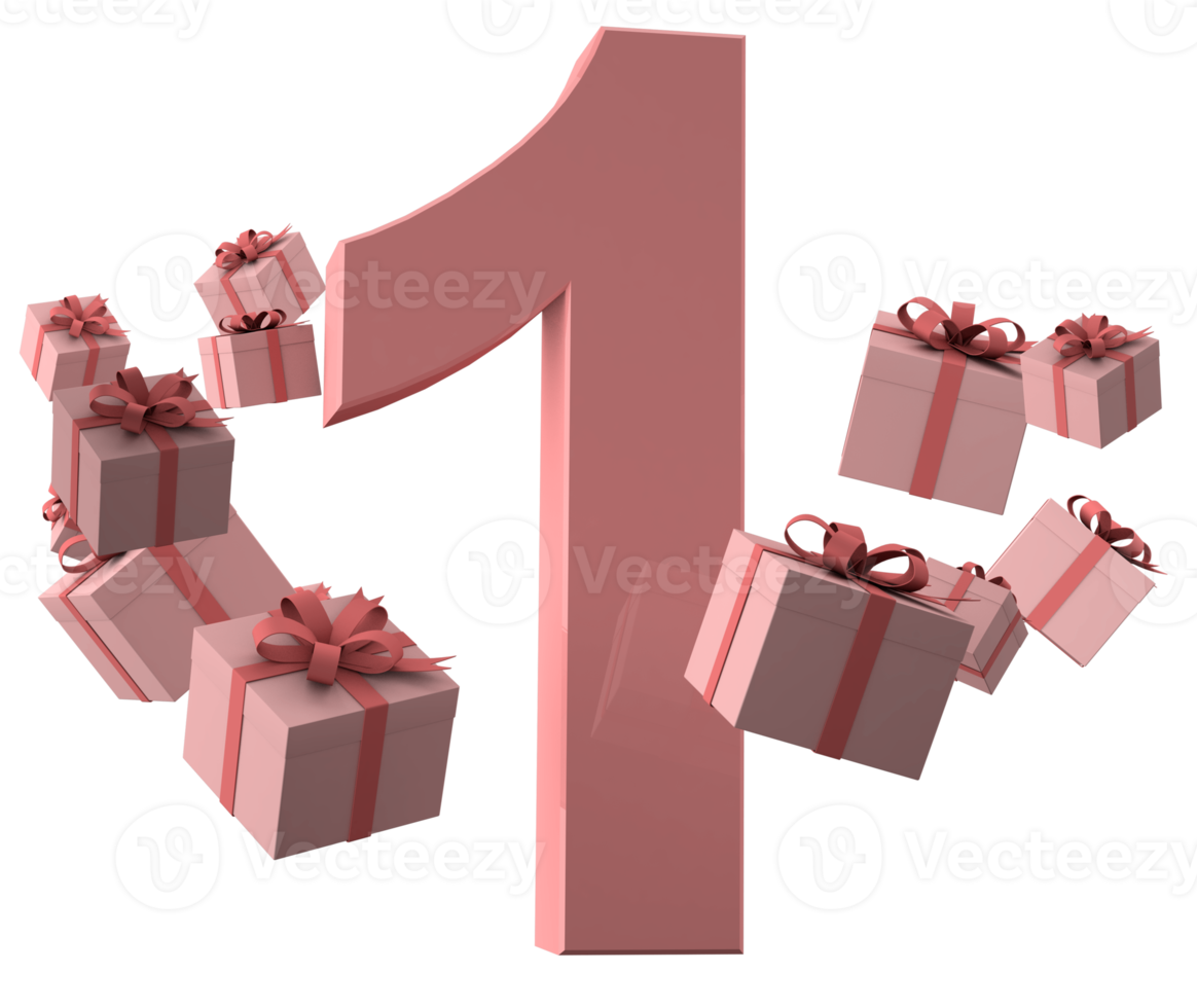 Pink number 1 a birthday concept with gift boxes, 3d render png