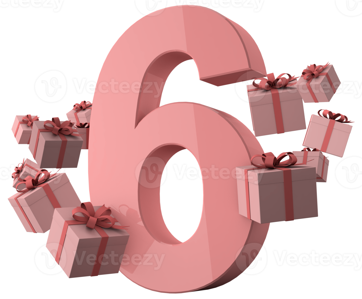 rosa, número 6, un, cumpleaños, concepto, con, regalo, cajas, 3d, render png