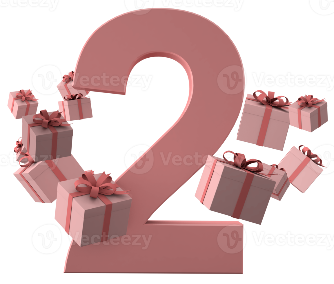 rosa, número 2, un, cumpleaños, concepto, con, regalo, cajas, 3d, render png