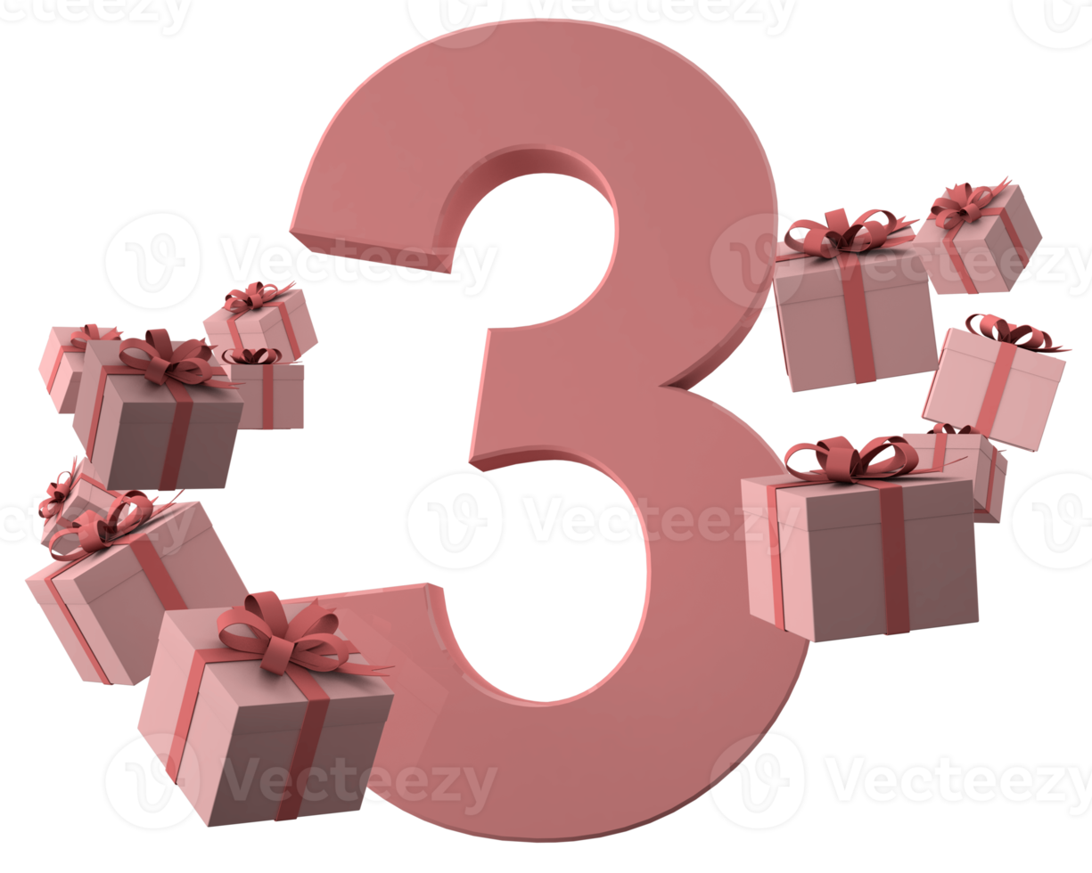 rosa, número 3, un, cumpleaños, concepto, con, regalo, cajas, 3d, render png