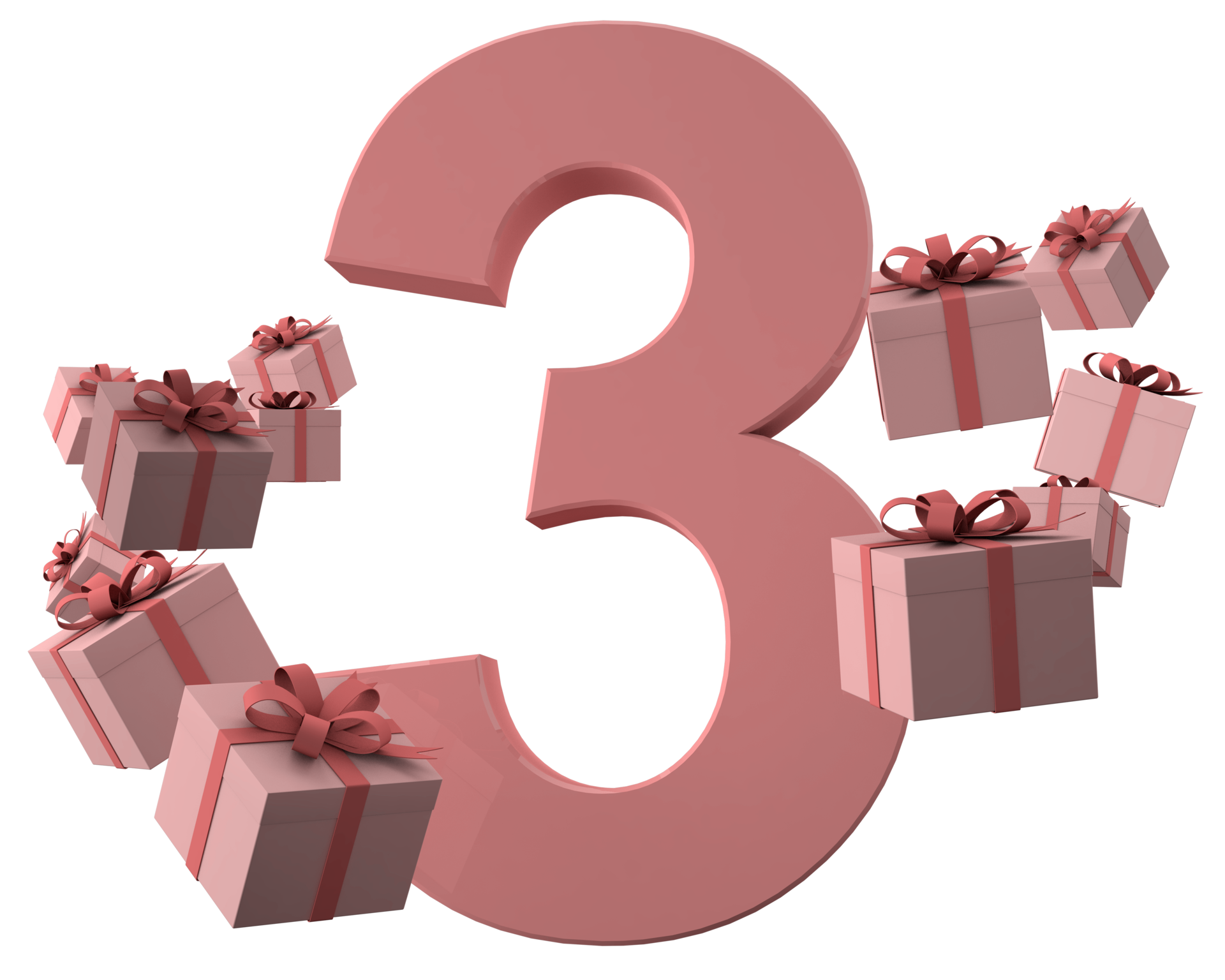 rosa, número 3, un, cumpleaños, concepto, con, regalo, cajas, 3d