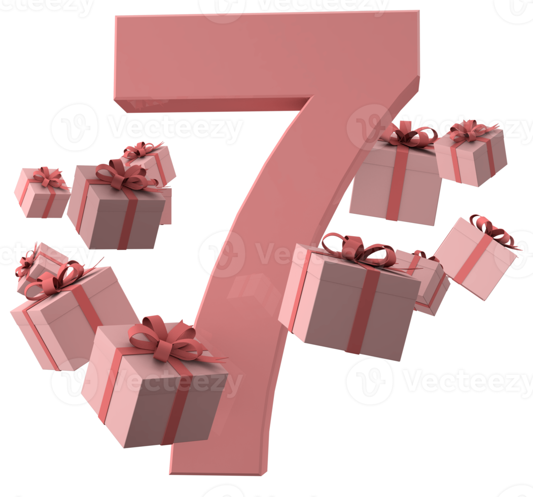 rosa, número 7, un, cumpleaños, concepto, con, regalo, cajas, 3d, render png