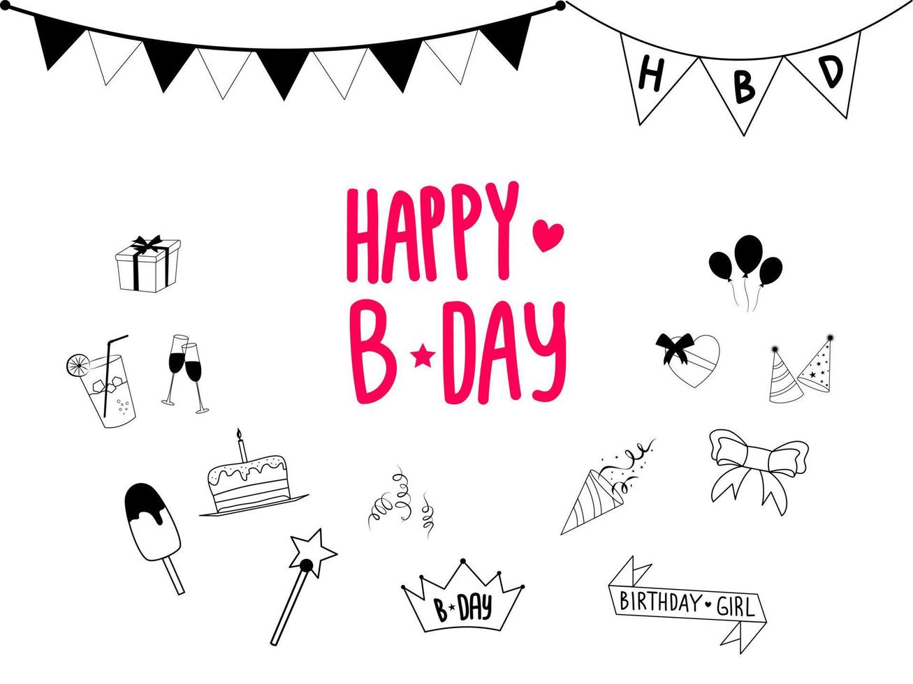 Set of Happy Birthday doodles. Sketch of party decoration, gift box, cake, party hats. Hand drawn vector illustration isolated on white background.