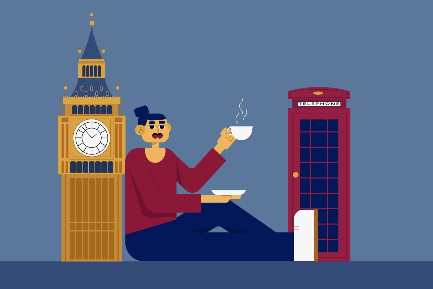 la chica está tomando té junto al big ben y una cabina telefónica. tema ingles. ilustración vectorial de dibujos animados vector