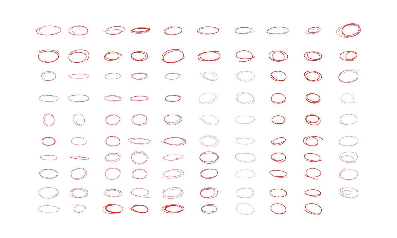 Resaltador de garabatos ovalado rojo. elementos marcadores dibujados a mano roja, círculos en blanco y óvalos. vector