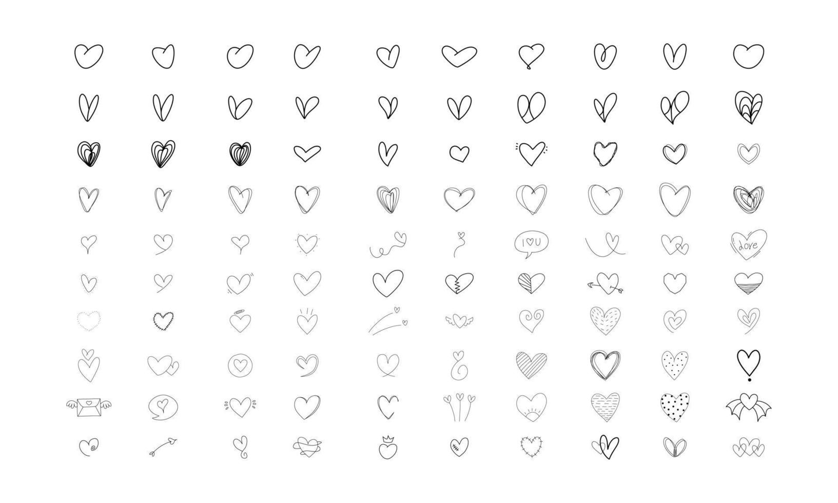 Hearts doodle on a white background. Vector hand drawn outline symbols for love, wedding, Valentine's day or other romantic design. Set of 100 various decorative shapes. Black doodle illustrations.