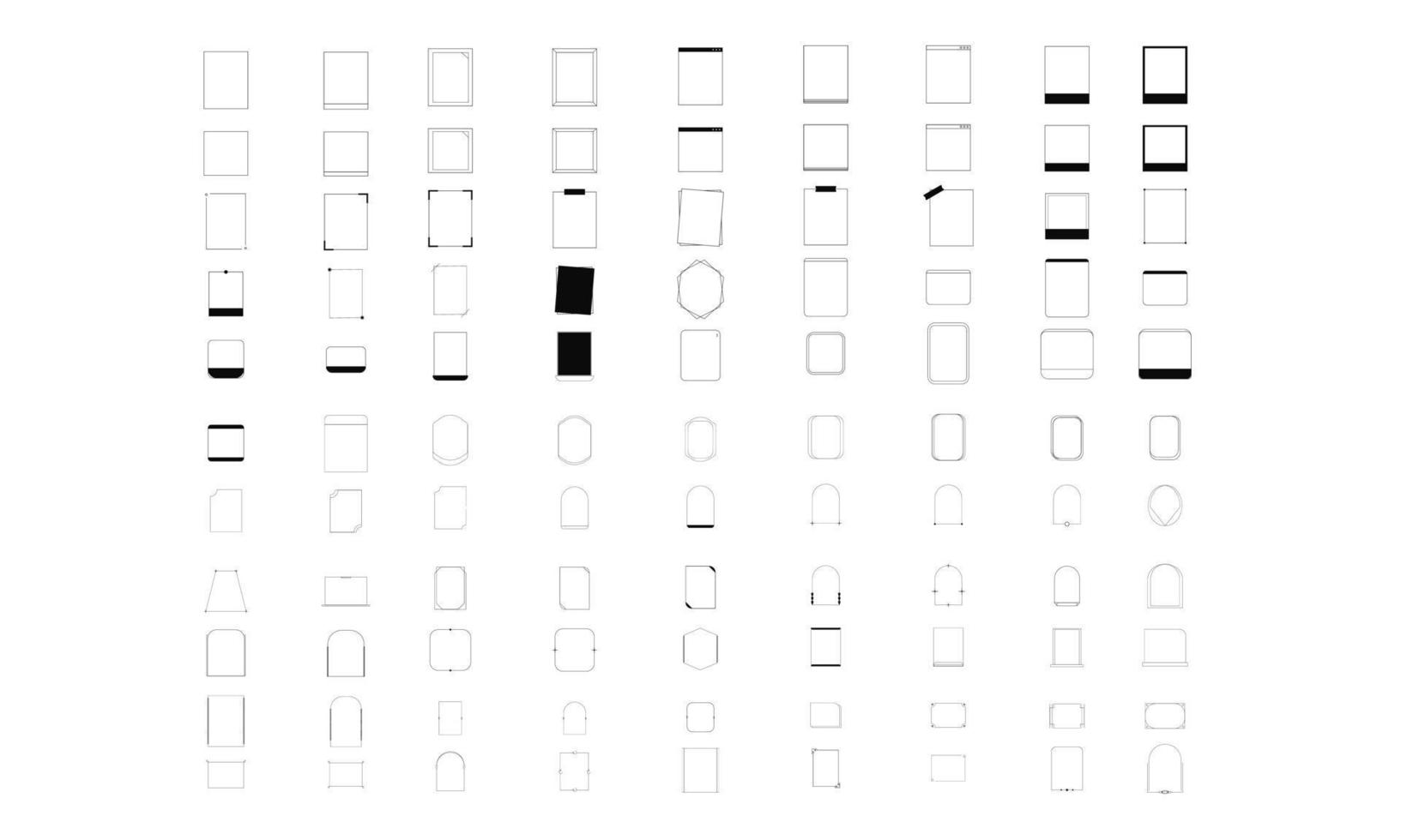 Modern frame on a white background. Vector frame outline symbols for love, wedding, photo, or social media design. Set of 100 various frame shapes.