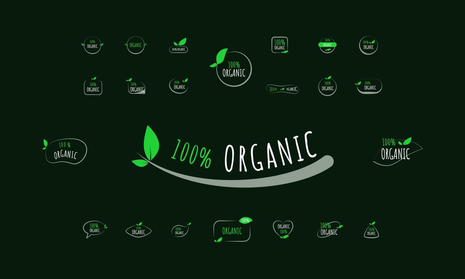 Set of stickers and badges for organic food and beverage, restaurant, delicatessen, natural products, farm fresh food, e-commerce, healthy product promotion isolated on black background vector