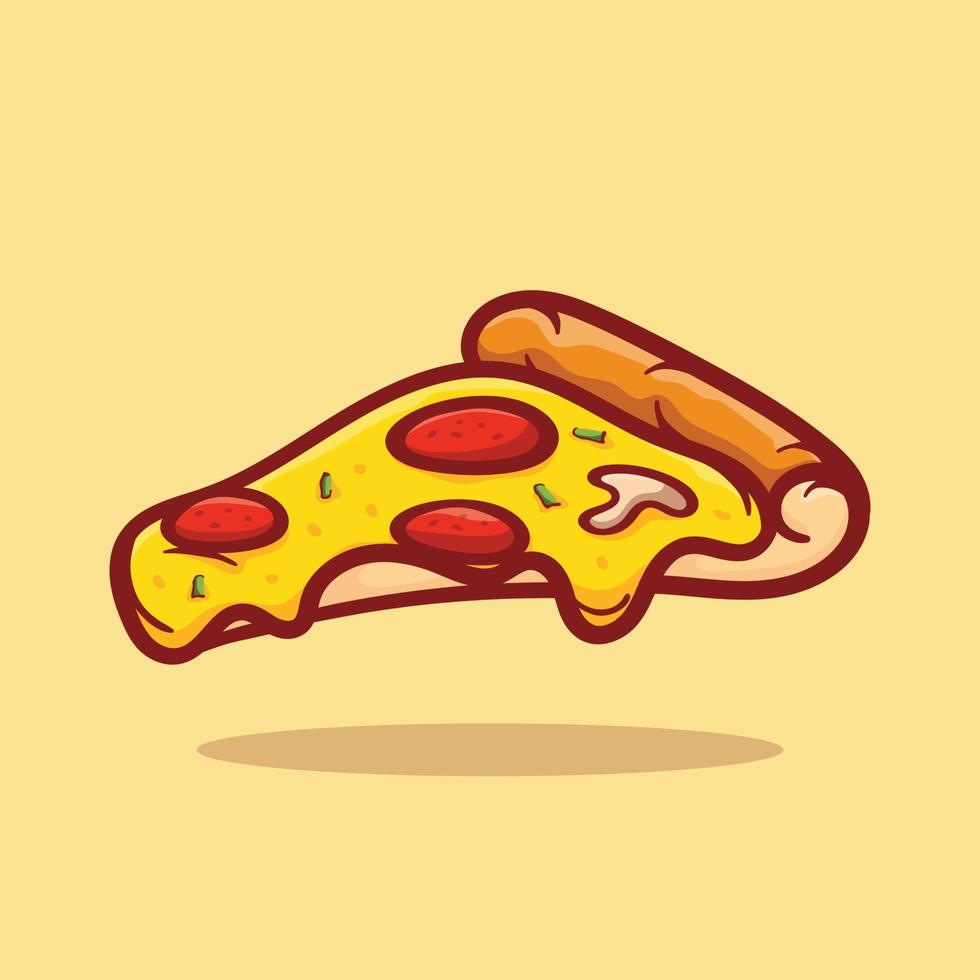 rebanada de pizza, ilustración vectorial aislada. boceto de color dibujado ilustración de una rebanada caliente de pizza de pepperoni con queso derretido. café de comida, logotipo de pizzería, letrero, pancarta, elemento de diseño de menú vector